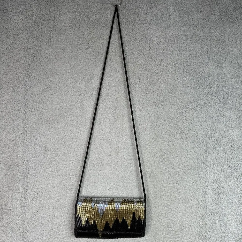 DLS International Purse Clutch Shoulder Strap Beaded Sequins Black Gold Silver‎